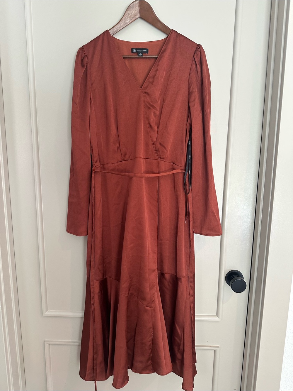 INC International Concepts Rust Long Sleeve V-Neck Midi Dress